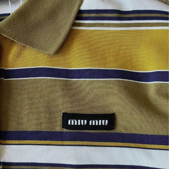 Brand New Miu Miu Women's Yellow And White Striped Lapel Long Sleeve T-shirt - Picture 5 of 5
